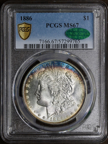 1886 (MS67 CAC) Morgan Silver Dollar $1 PCGS - Colorful Rim Tone