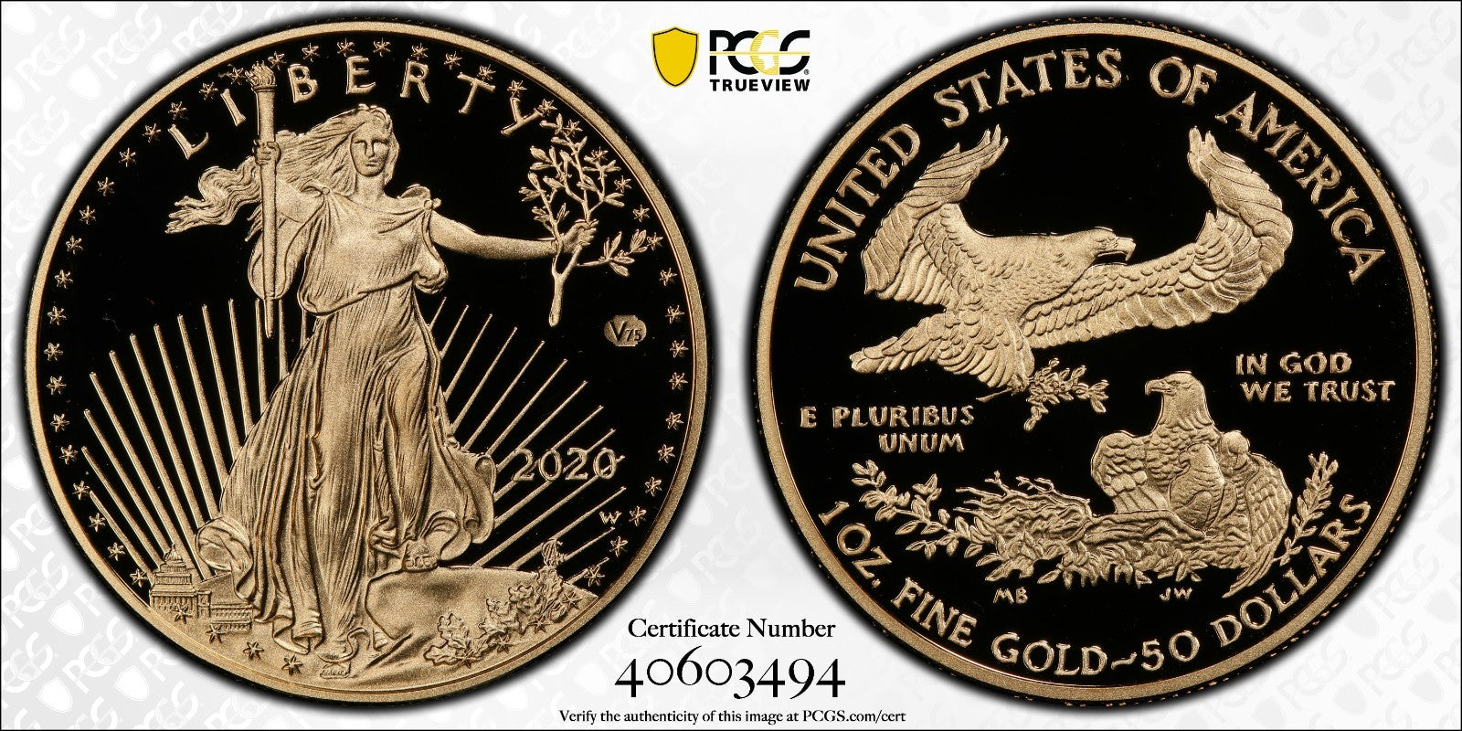 2020-W (PF70) V75 Proof American Gold Eagle Privy $50 PCGS First Strike FS