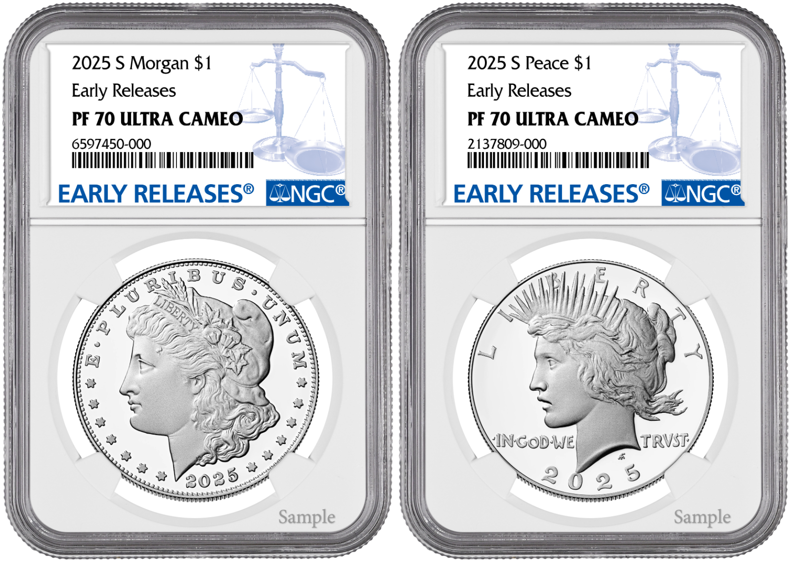 2025-S (PF70) Proof Morgan & Peace Silver Dollar (2 Coin Set) ER NGC Presale