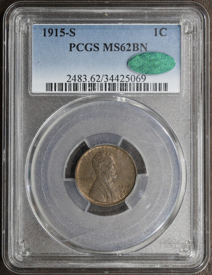 1915-S (MS62BN CAC) Lincoln Wheat Cent 1C PCGS