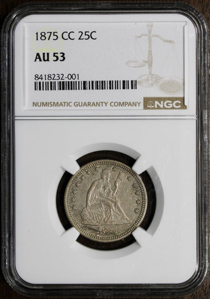 1875-CC (AU53) Seated Liberty Quarter 25C NGC - Carson City Key Date