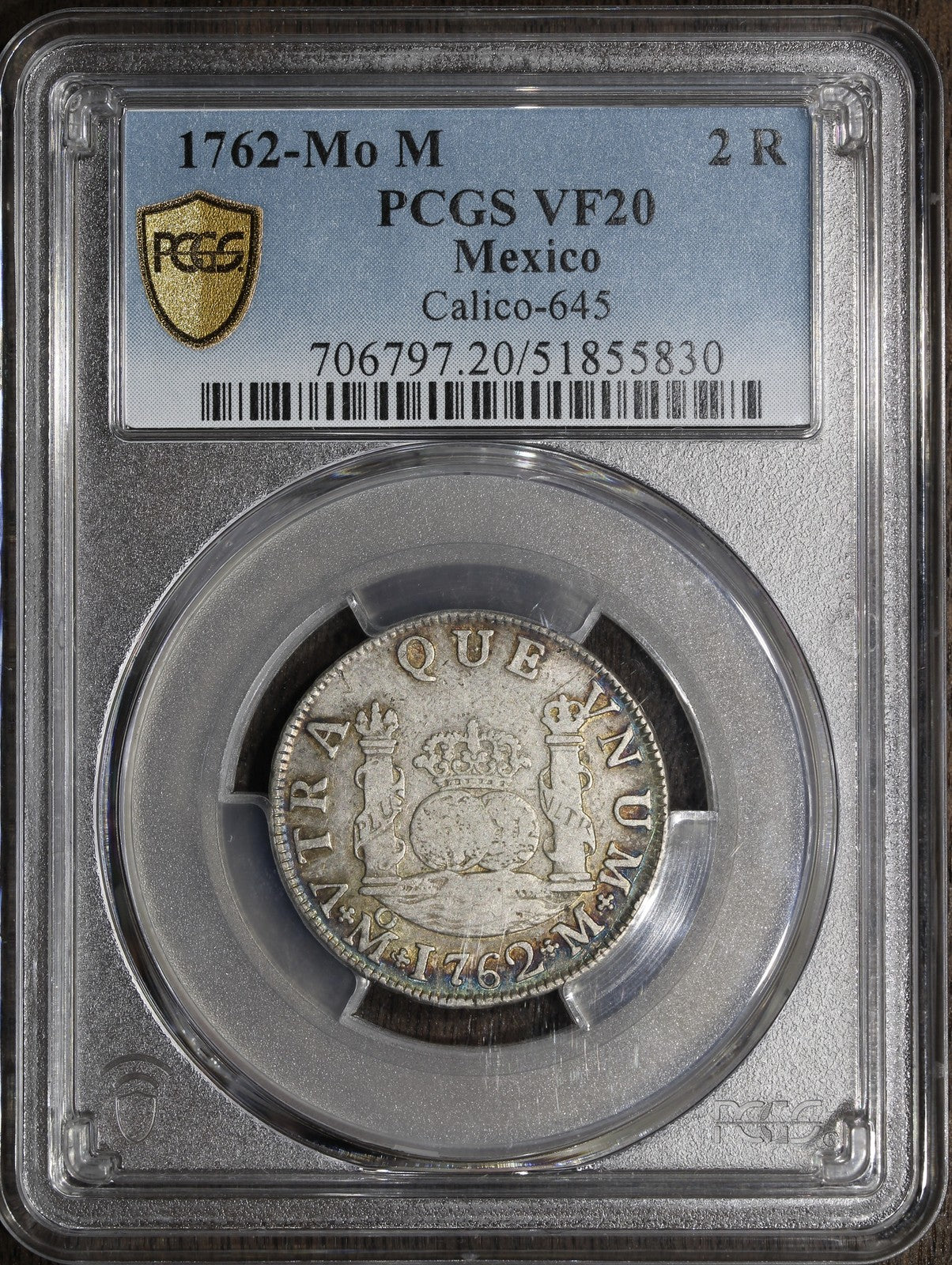 1762-Mo (VF20) Mexico Pillar 2 Real Silver 2R PCGS - Rainbow Tone
