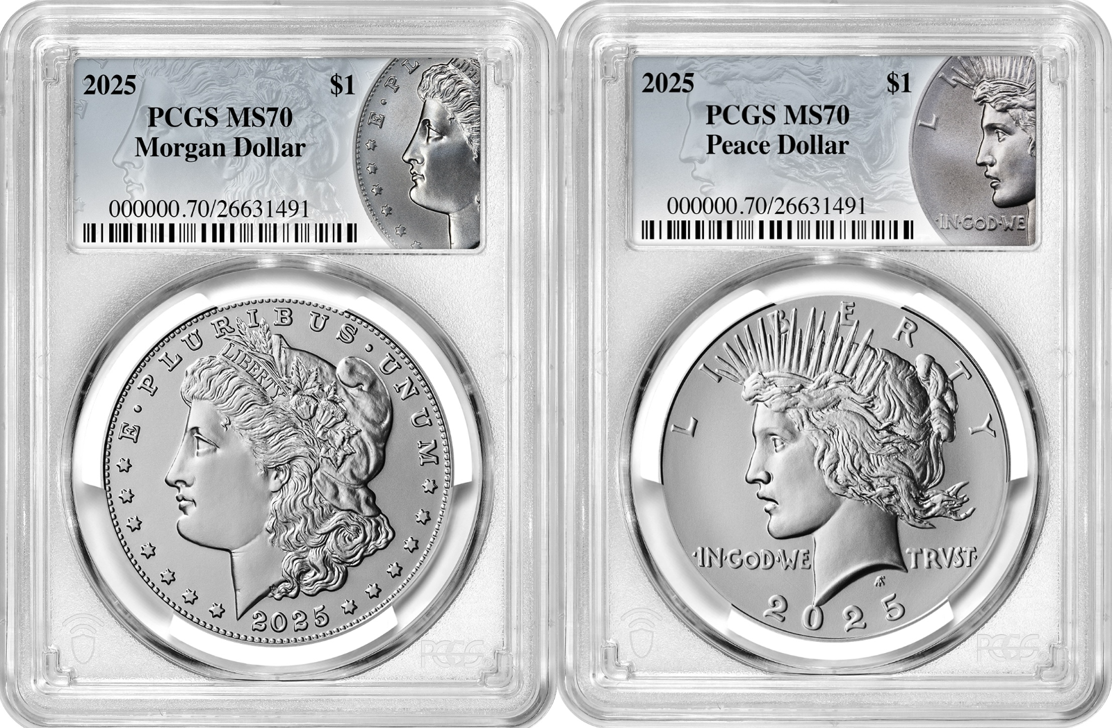 2025-P (MS70) Morgan & Peace Silver Dollar (2 Coin Set) PCGS