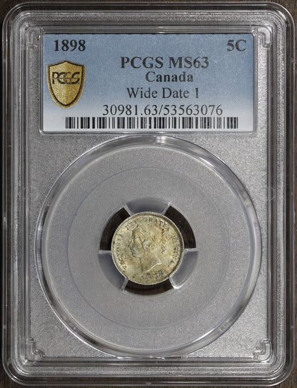 1898 (MS63) Canada Silver 5 Cents 5C PCGS - Wide Date, Choice UNC