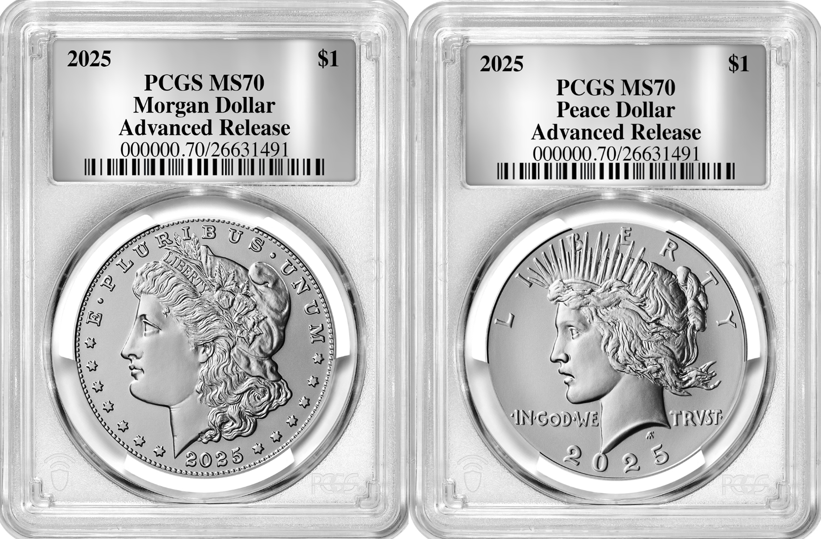 2025-P (MS70) Morgan & Peace Silver Dollar (2 Coin Set) Advanced Release AR PCGS
