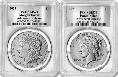 2025-P (MS70) Morgan & Peace Silver Dollar (2 Coin Set) Advanced Release AR PCGS