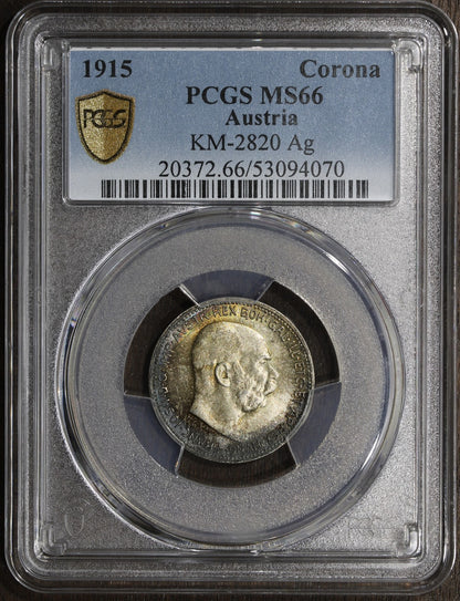 1915 (MS66) Austria Franz Joseph Silver 1 Corona PCGS - Nicely Toned!