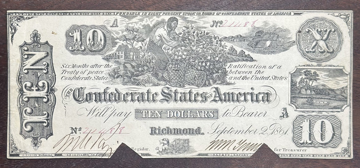 1861 $10 Confederate States of America Bank Note - 10 Dollars Cancelled