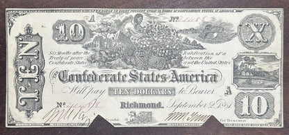 1861 $10 Confederate States of America Bank Note - 10 Dollars Cancelled