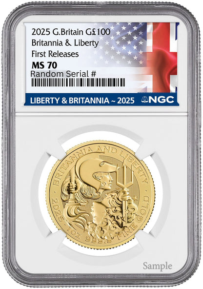 2025 (MS70) Britannia & Liberty Gold 1 Oz £100 NGC FR First Releases - UK Mint