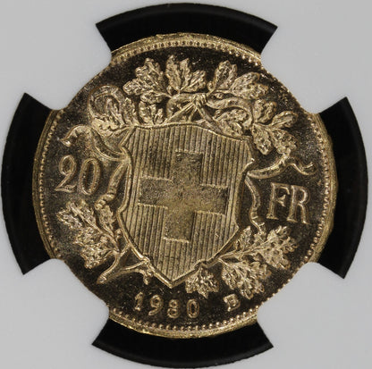 1930-B (MS65) Switzerland Gold 20 Francs 20F NGC - Gem, Prooflike Fields