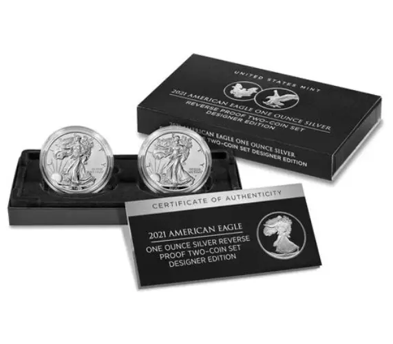 2021 2-Coin Reverse Proof Silver Eagle 1 oz Designer Set (w/Box & COA)