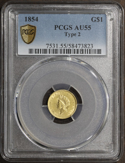 1854 (AU55) Type 2 Indian Princess Gold Dollar $1 PCGS