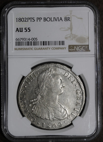 1802-PTS (AU55) Bolivia 8 Real 8R NGC - Potosi Mint
