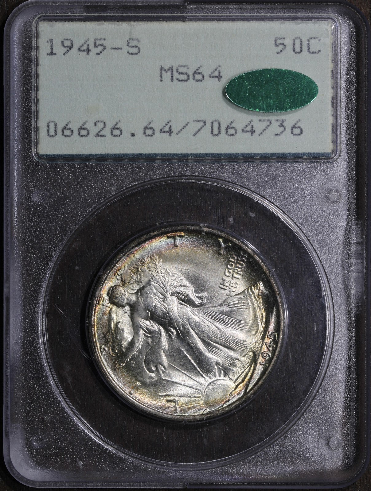 1945-S (MS64 CAC) Walking Liberty Half Dollar 50c PCGS OGH Rattler (toned)