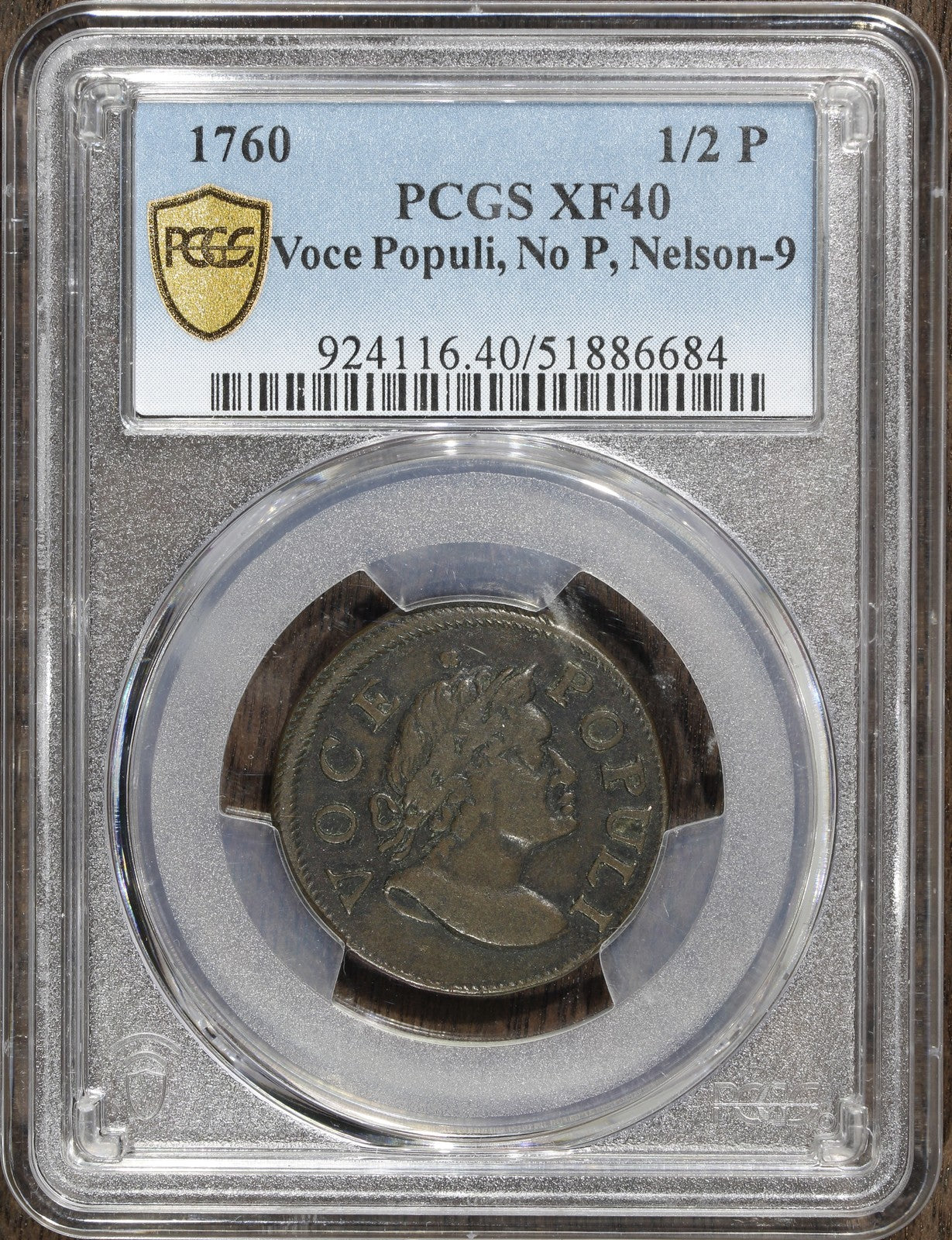 1760 (XF40) Hibernia Voce Populi Halfpenny 1/2P PCGS - No P, Nelson-9