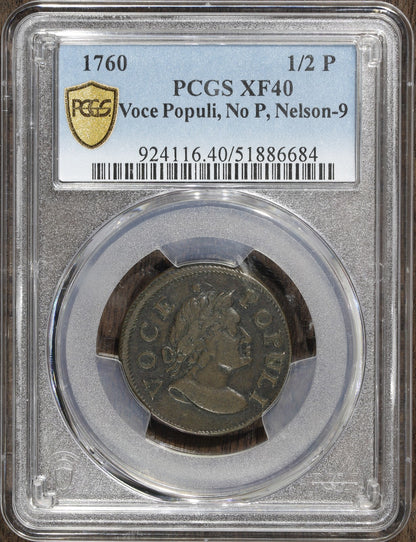1760 (XF40) Hibernia Voce Populi Halfpenny 1/2P PCGS - No P, Nelson-9