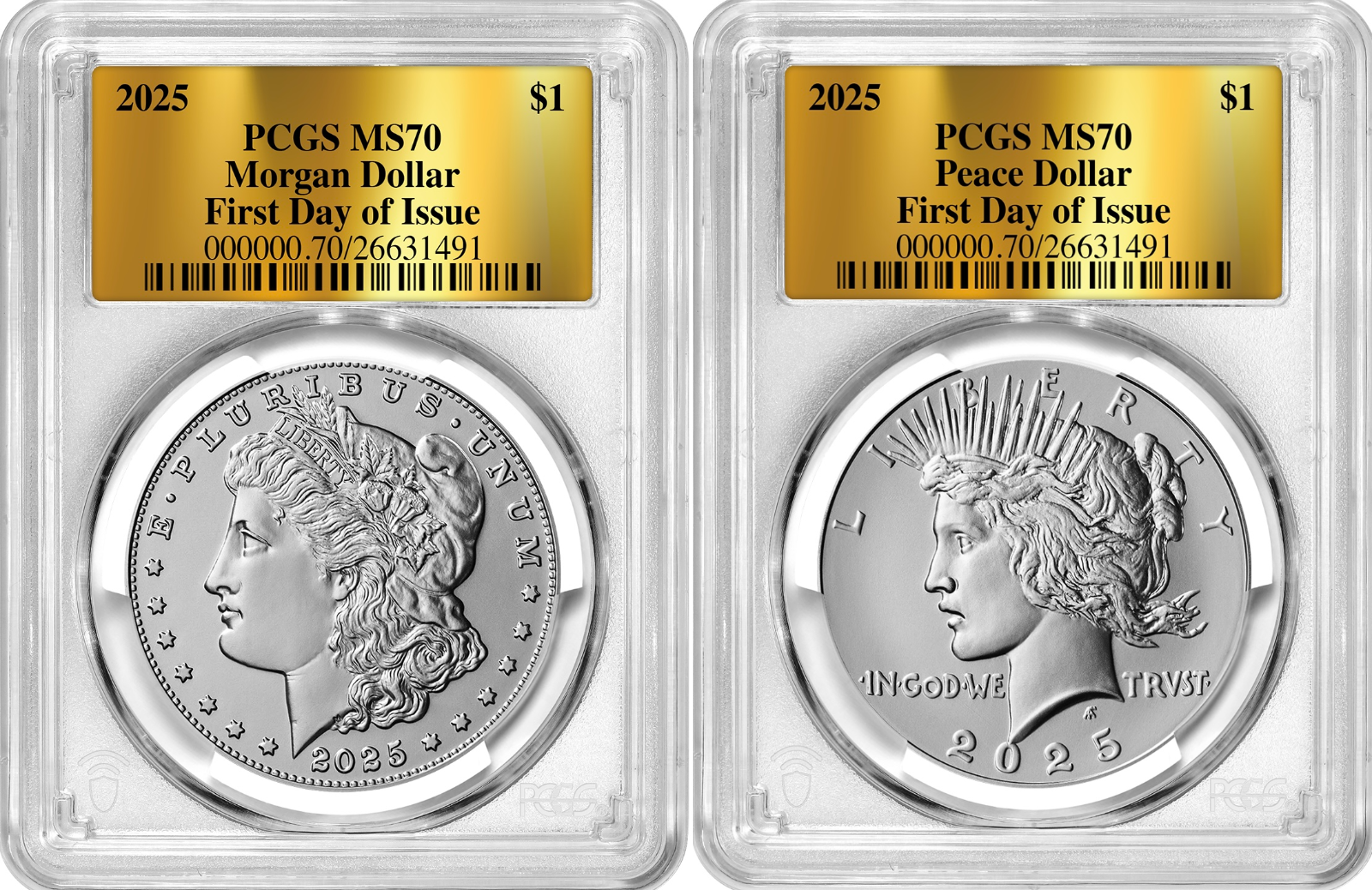 2025 (MS70) Morgan & Peace Silver Dollar First Day of Issue FDOI PCGS GOLD Label
