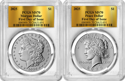 2025 (MS70) Morgan & Peace Silver Dollar First Day of Issue FDOI PCGS GOLD Label