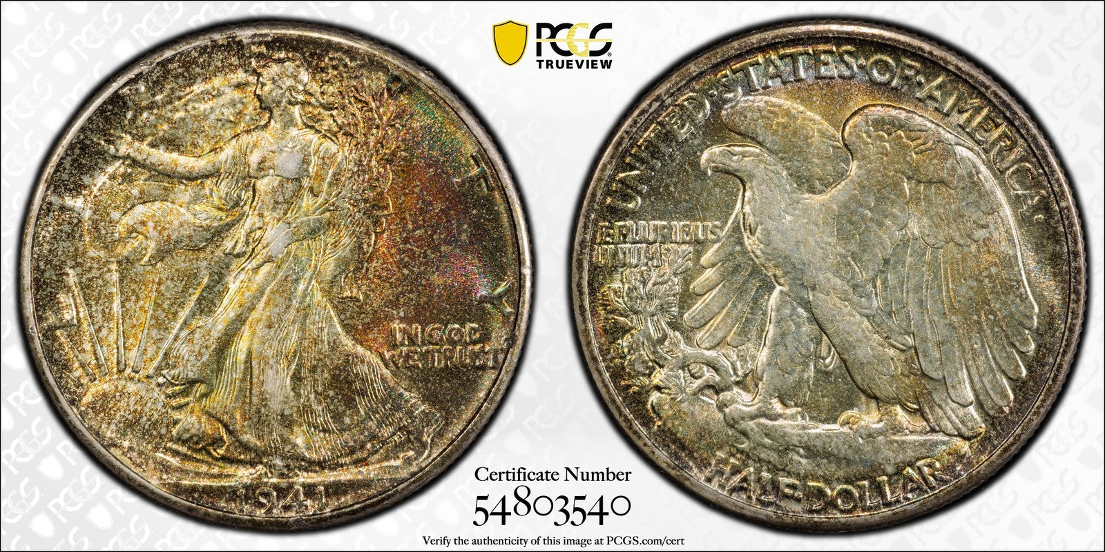 1941 (MS64) Walking Liberty Half Dollar 50C PCGS - Rainbow Toned