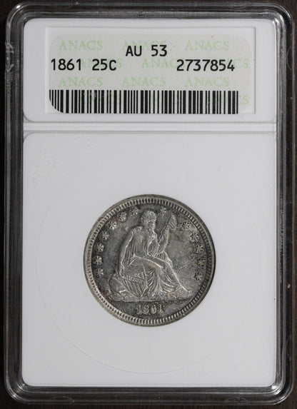 1861 (AU53) Seated Liberty Quarter 25C ANACS Soapbox - Better Date