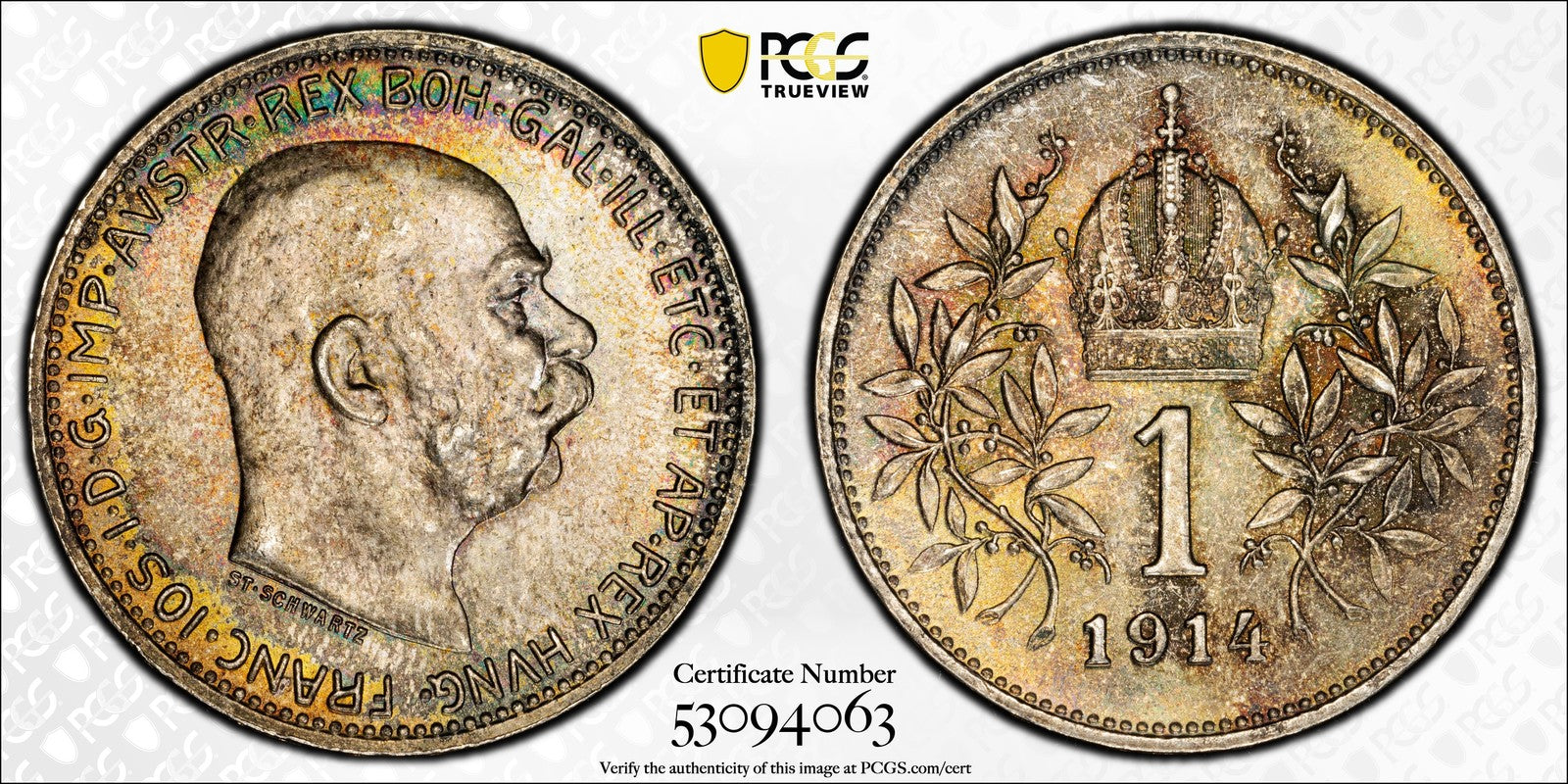 1914 (MS66) Austria Franz Joseph Silver 1 Corona PCGS - Rainbow Top Pop!