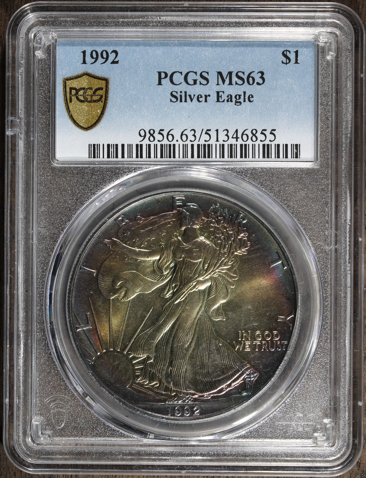 1992 (MS63) American Silver Eagle $1 PCGS - Rainbow Toned ASE!