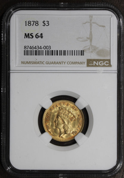 1878 (MS64) Indian Princess Three Dollar Gold $3 NGC