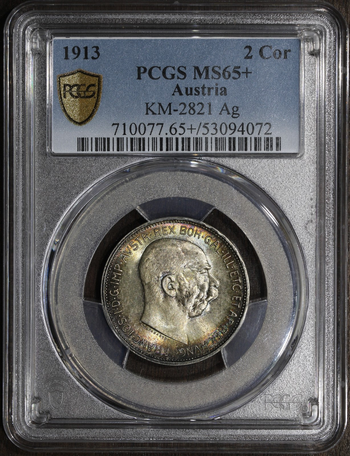 1913 (MS65+) Austria Franz Joseph Silver 2 Corona PCGS - Rainbow Top Pop