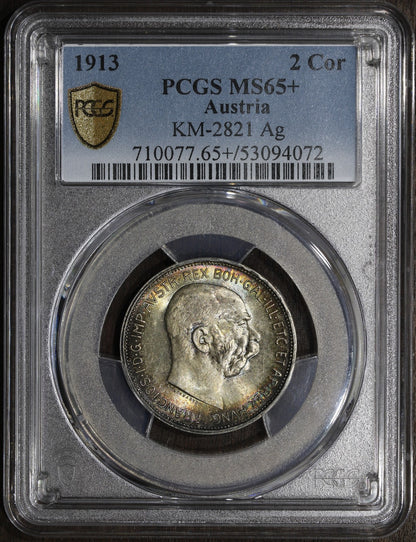 1913 (MS65+) Austria Franz Joseph Silver 2 Corona PCGS - Rainbow Top Pop