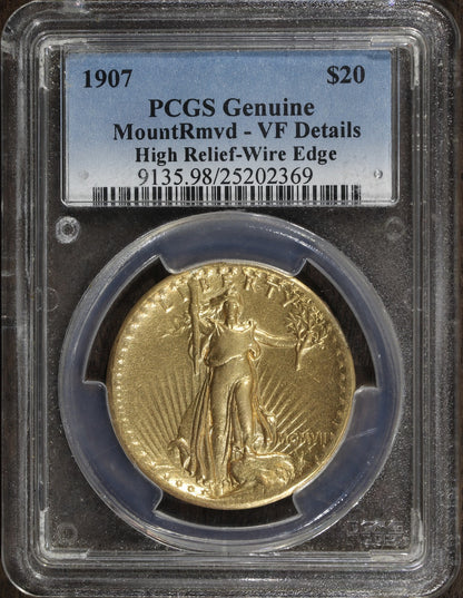 1907 (VF Detail) High Relief Saint St. Gaudens Double Eagle $20 PCGS - Wire Edge