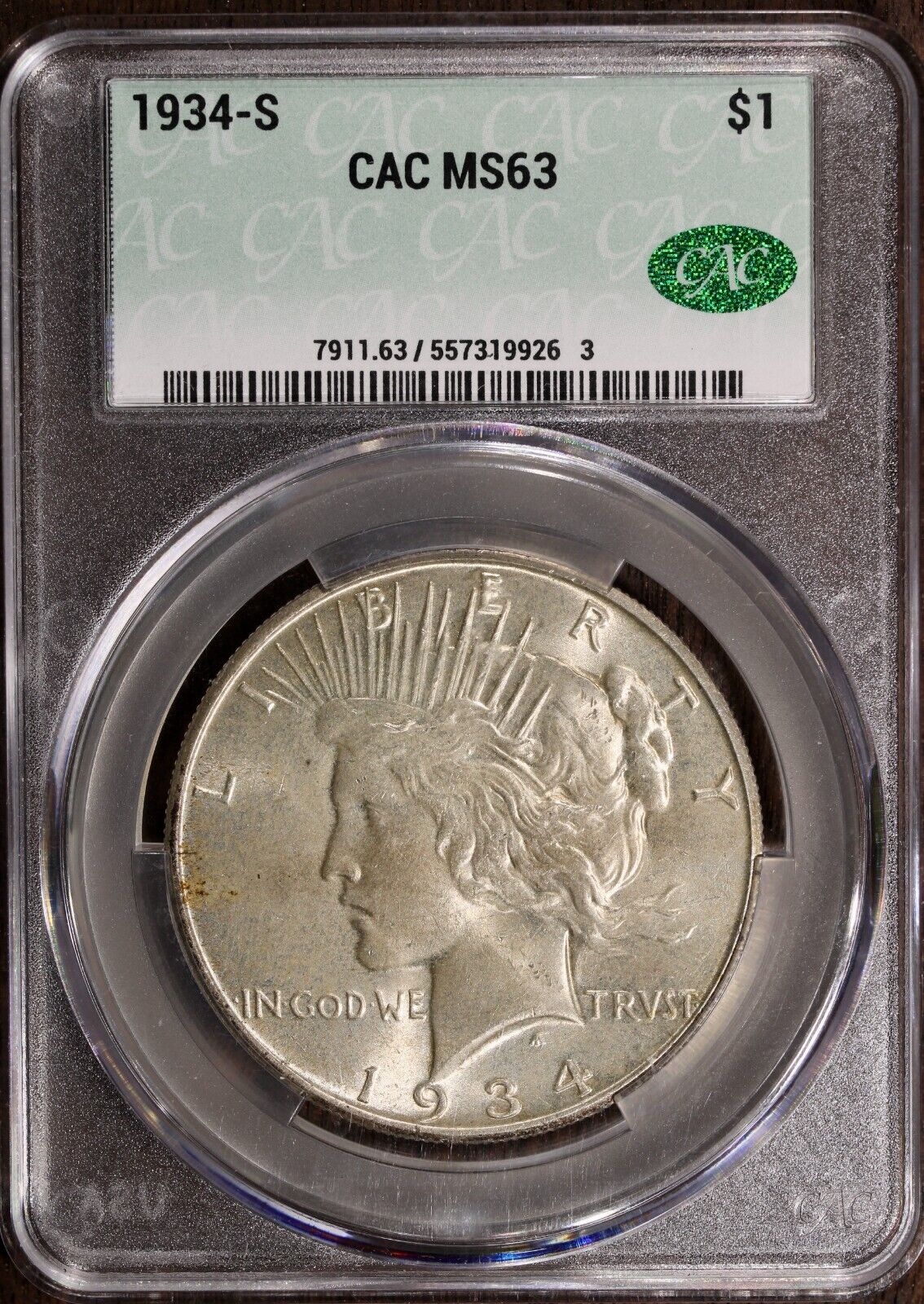 1934-S (MS63 CAC) Peace Silver Dollar $1 CACG - KEY DATE