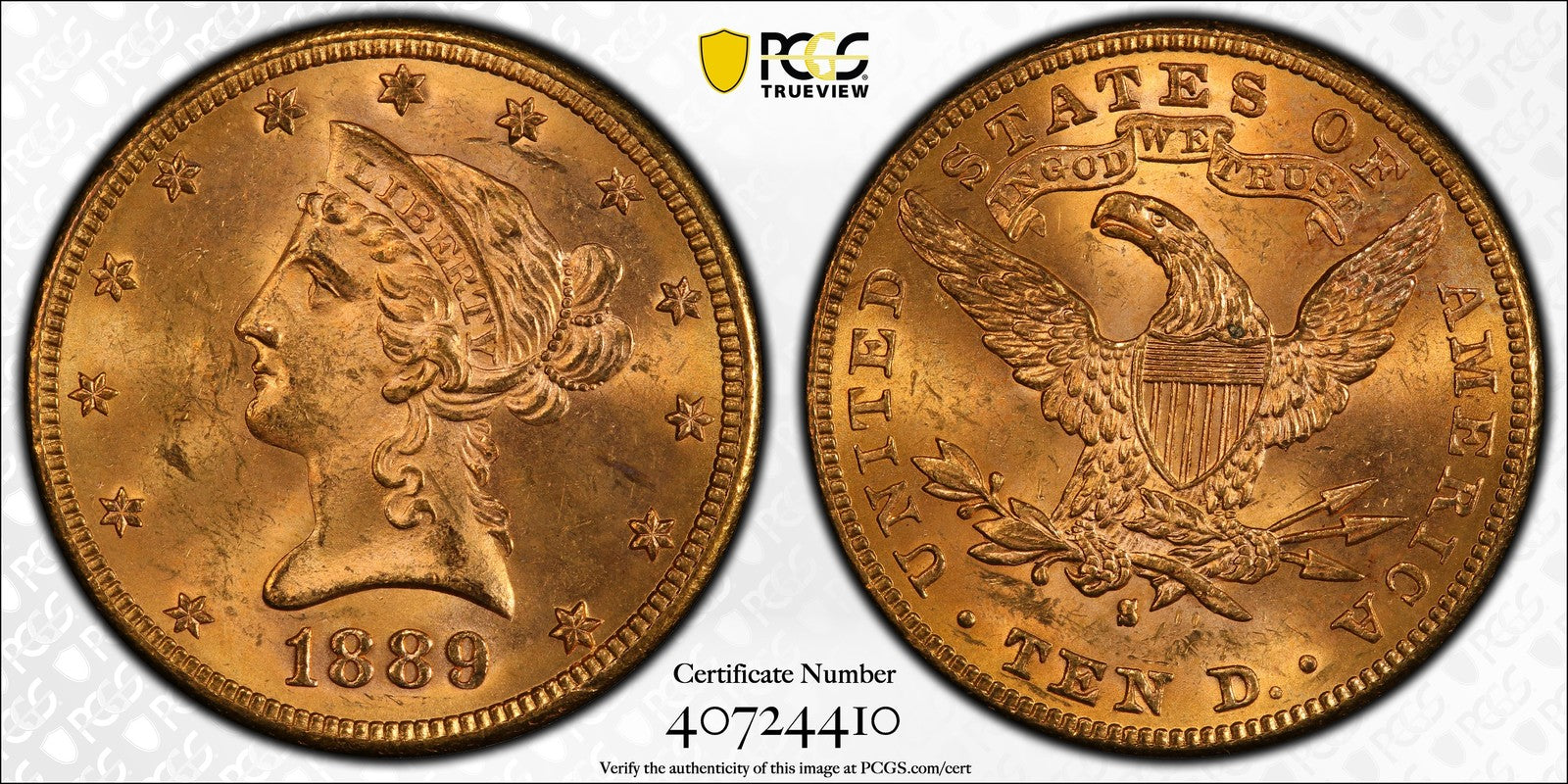 1889-S (MS63+ CAC) Liberty Head Gold Eagle $10 PCGS