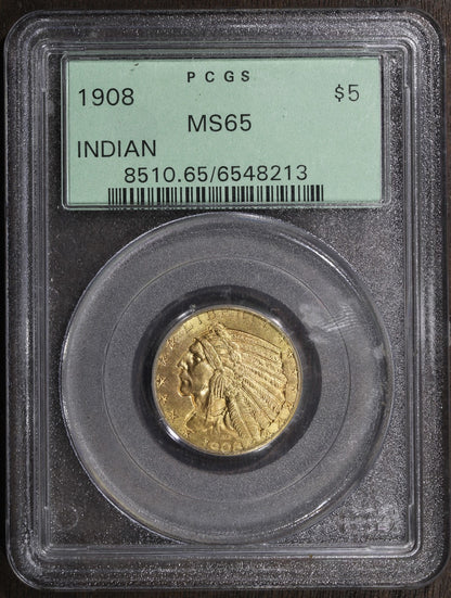 1908 (MS65) Indian Head Half Eagle $5 PCGS OGH