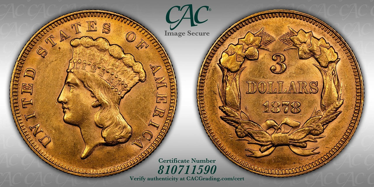 1878 (AU55 CAC) Indian Princess Three Dollar Gold Piece $3 CACG