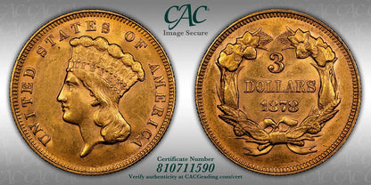 1878 (AU55 CAC) Indian Princess Three Dollar Gold Piece $3 CACG