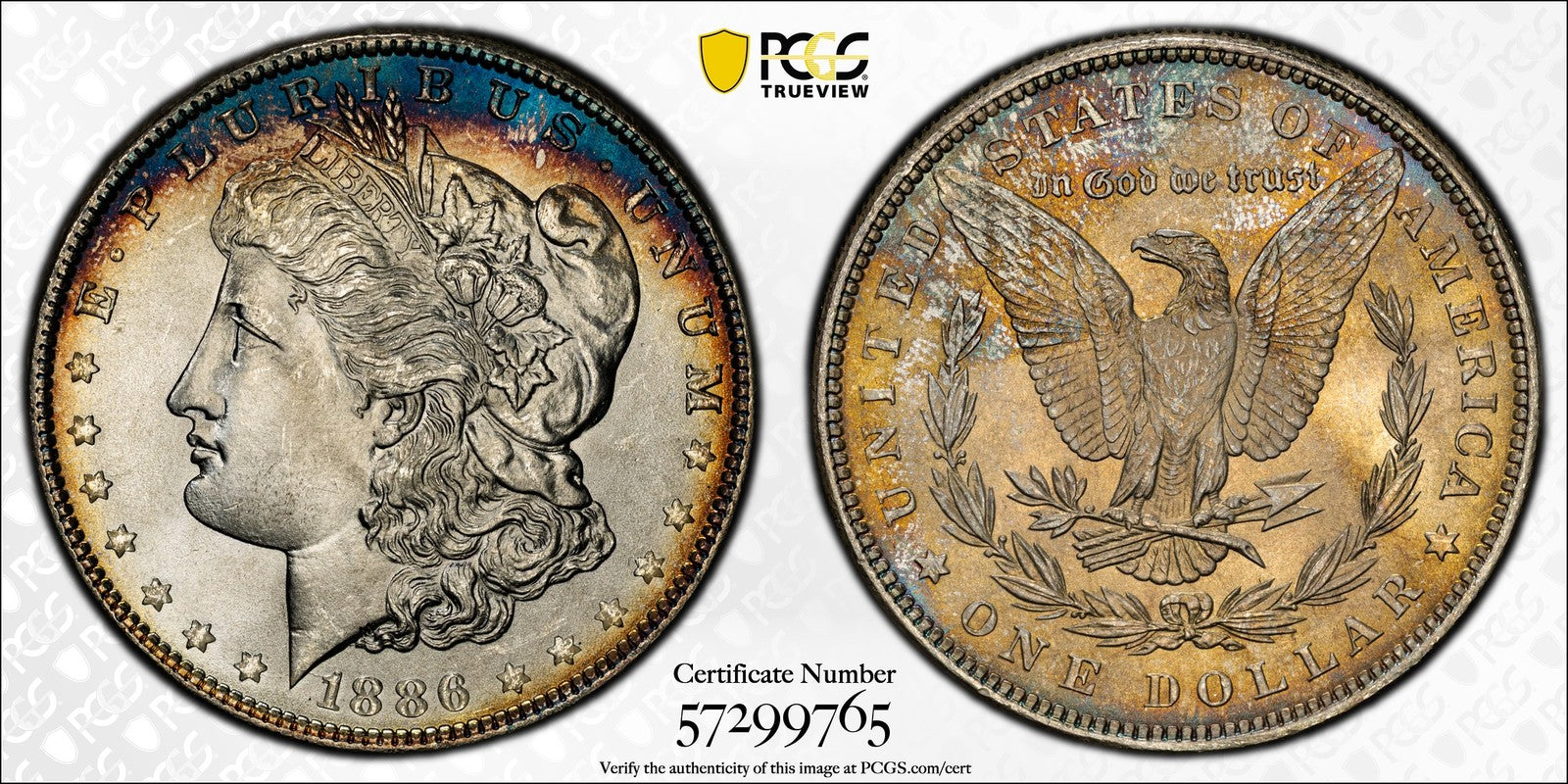 1886 (MS67 CAC) Morgan Silver Dollar $1 PCGS - Colorful Rim Tone