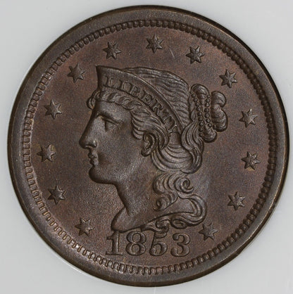 1853 (MS65 BN CAC) Braided Hair Large Cent 1C NGC - Old Holder