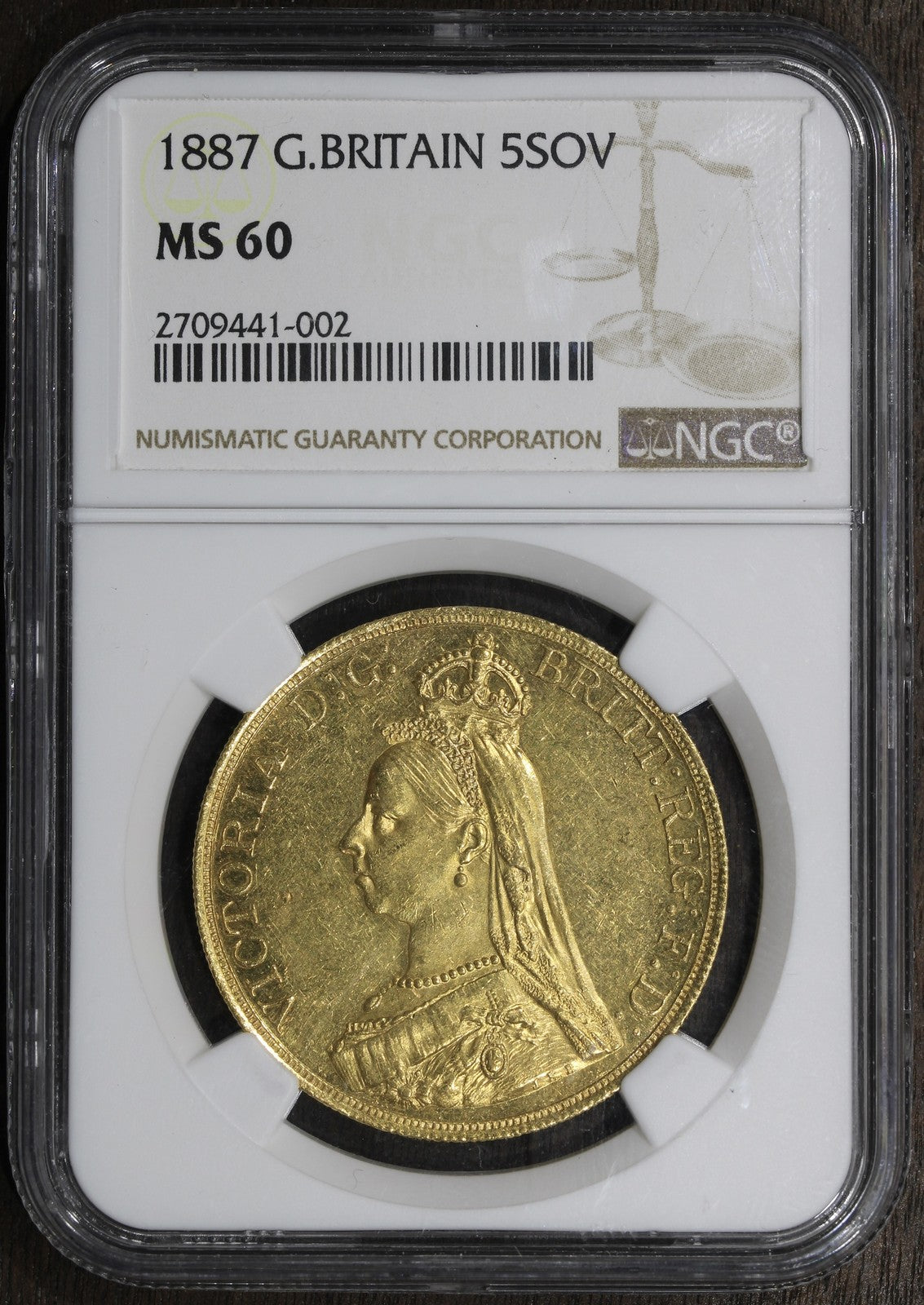 1887 (MS60) Great Britain Gold Five Sovereign 5 Sov NGC