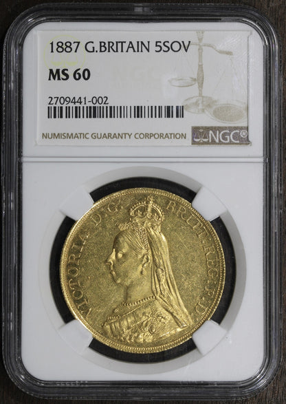 1887 (MS60) Great Britain Gold Five Sovereign 5 Sov NGC