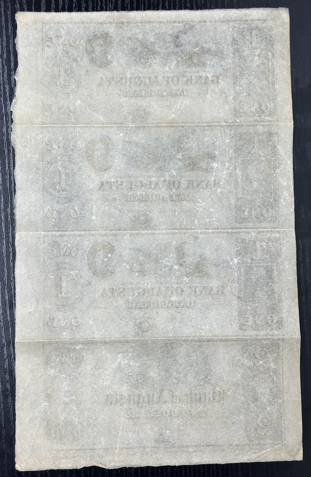 1800's Bank of Augusta Obsoleted Bank Note Uncut Sheet $1,1,1,2 - Remainder