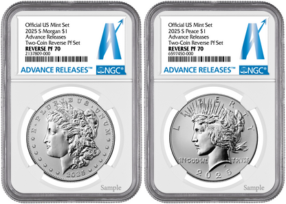 2025-S (PF70) Reverse Proof Morgan & Peace Silver Dollar (2 Coin Set) Adv AR NGC