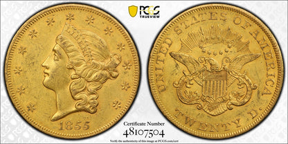 1855 (AU58) Liberty Head Gold Double Eagle $20 PCGS