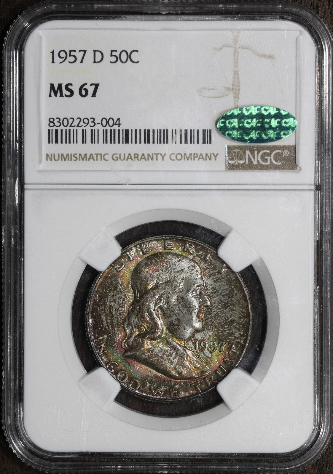 1957-D (MS67 CAC) Franklin Half Dollar 50C NGC - Rainbow Toned