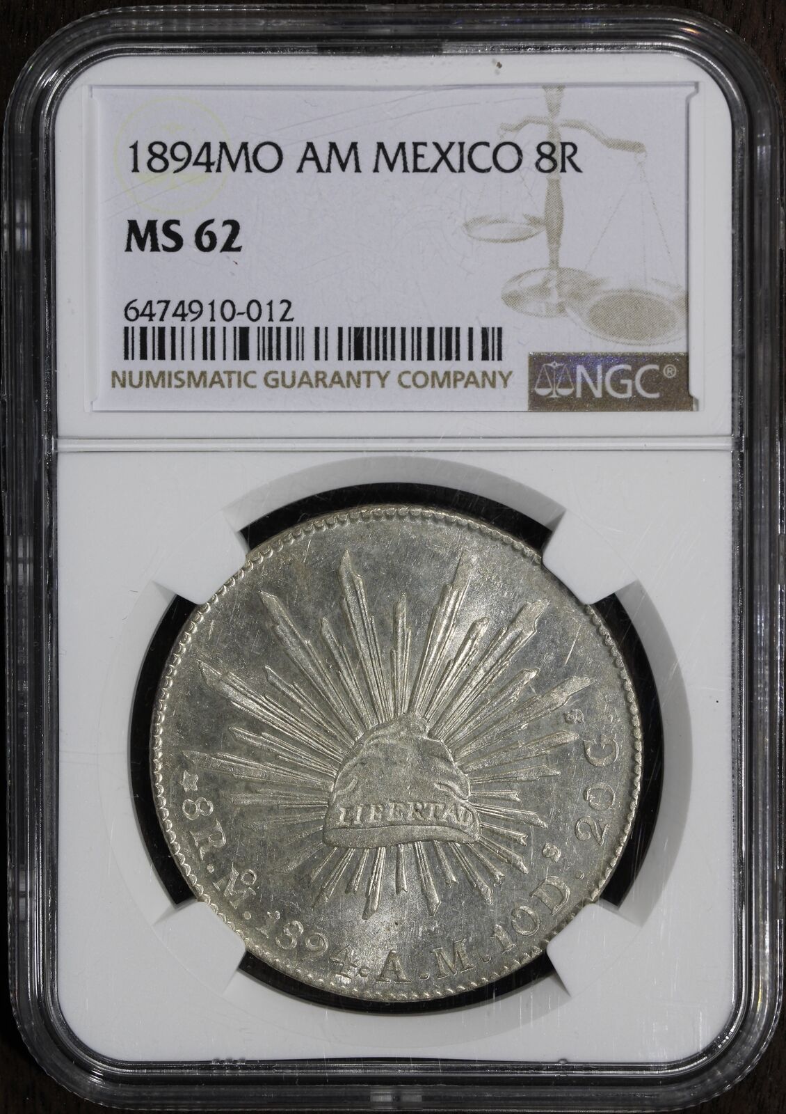 1894 Mo AM (MS62) Mexico Cap & Rays 8 Reales NGC - Flashy! Semi PL!