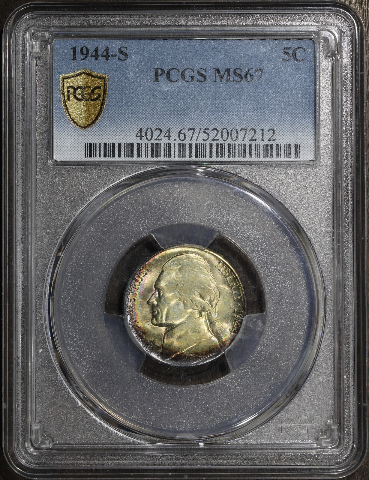 1944-S (MS67) Jefferson War Nickel 5C PCGS - Rainbow Toning