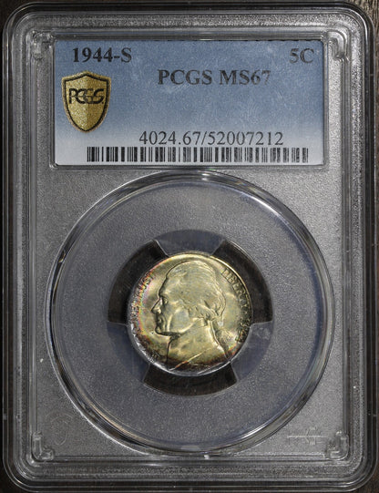 1944-S (MS67) Jefferson War Nickel 5C PCGS - Rainbow Toning