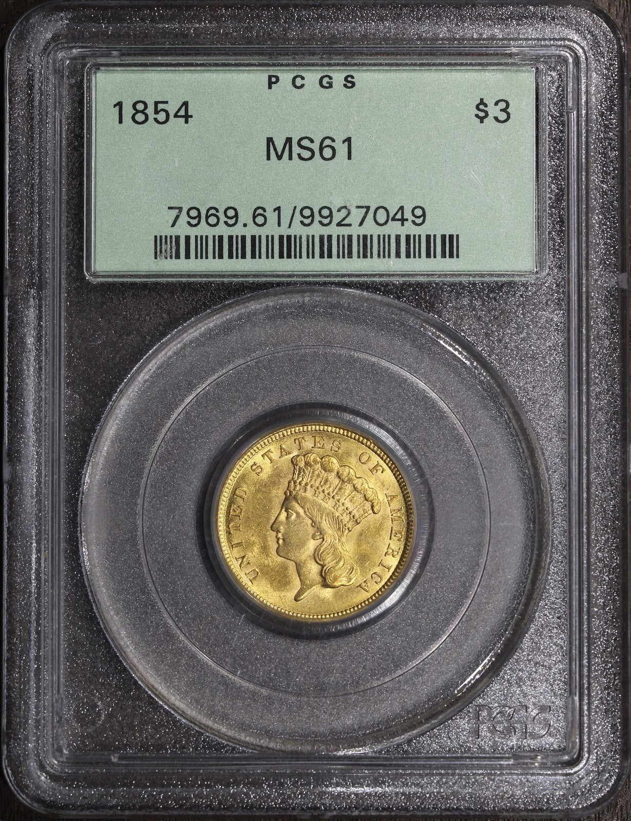 1854 (MS61) Three Dollar Gold Piece $3 PCGS OGH
