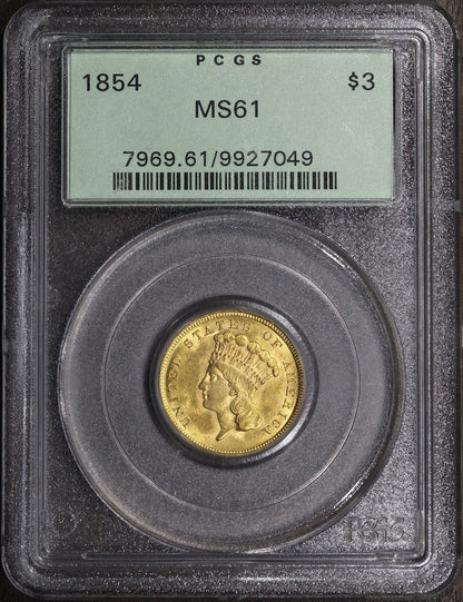 1854 (MS61) Three Dollar Gold Piece $3 PCGS OGH