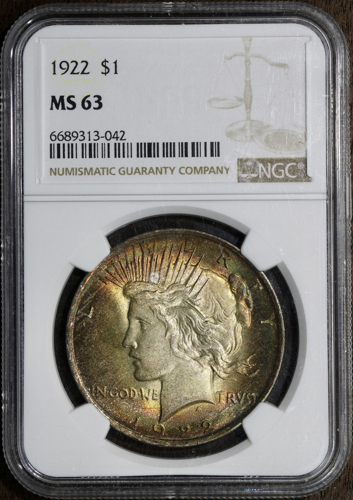 1922 (MS63) Peace Silver Dollar $1 NGC - Incredible Rainbow Toning